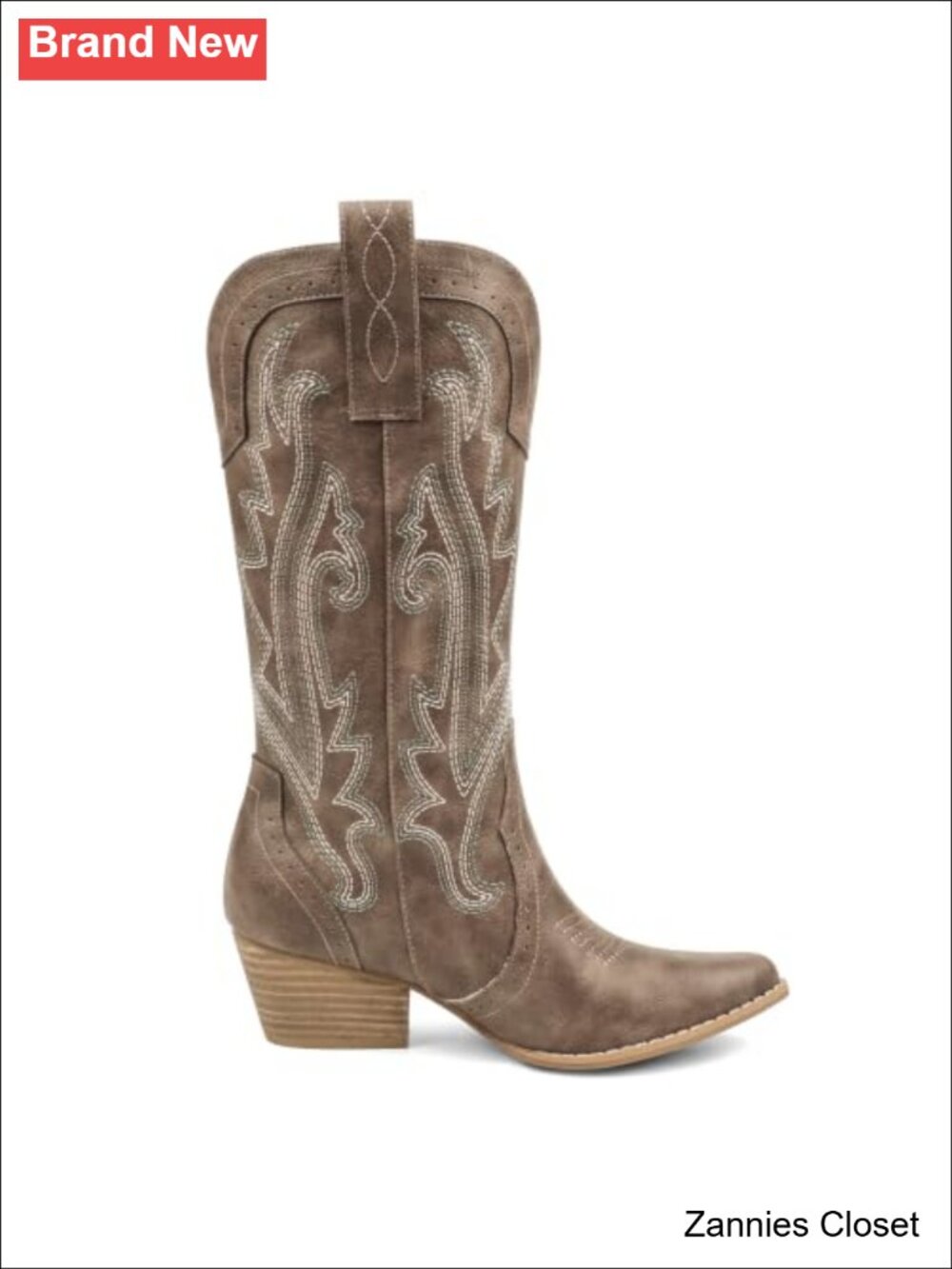 ๐ค Western Cowgirl Boots Mid Calf Faux Leather Pointed Toe Pull-On - Picture 4 of 6
